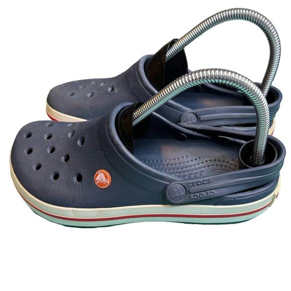 Crocs Crocband Navy Blue White & Red Line Slide On Clogs Men Size 6 Women Size 8 - Picture 1 of 7